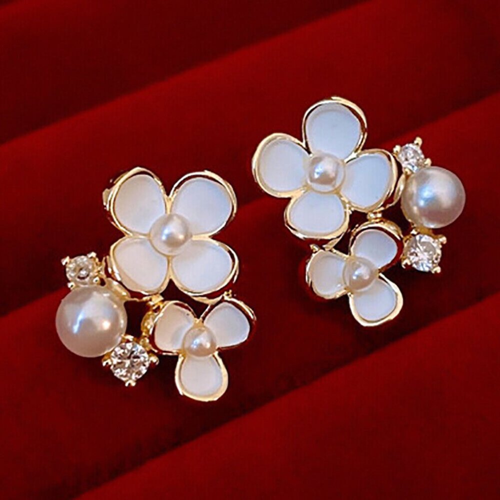 18K Yellow Gold Plated Cherry Blossom Flower Pearl Diamond Zircon Stud Earrings